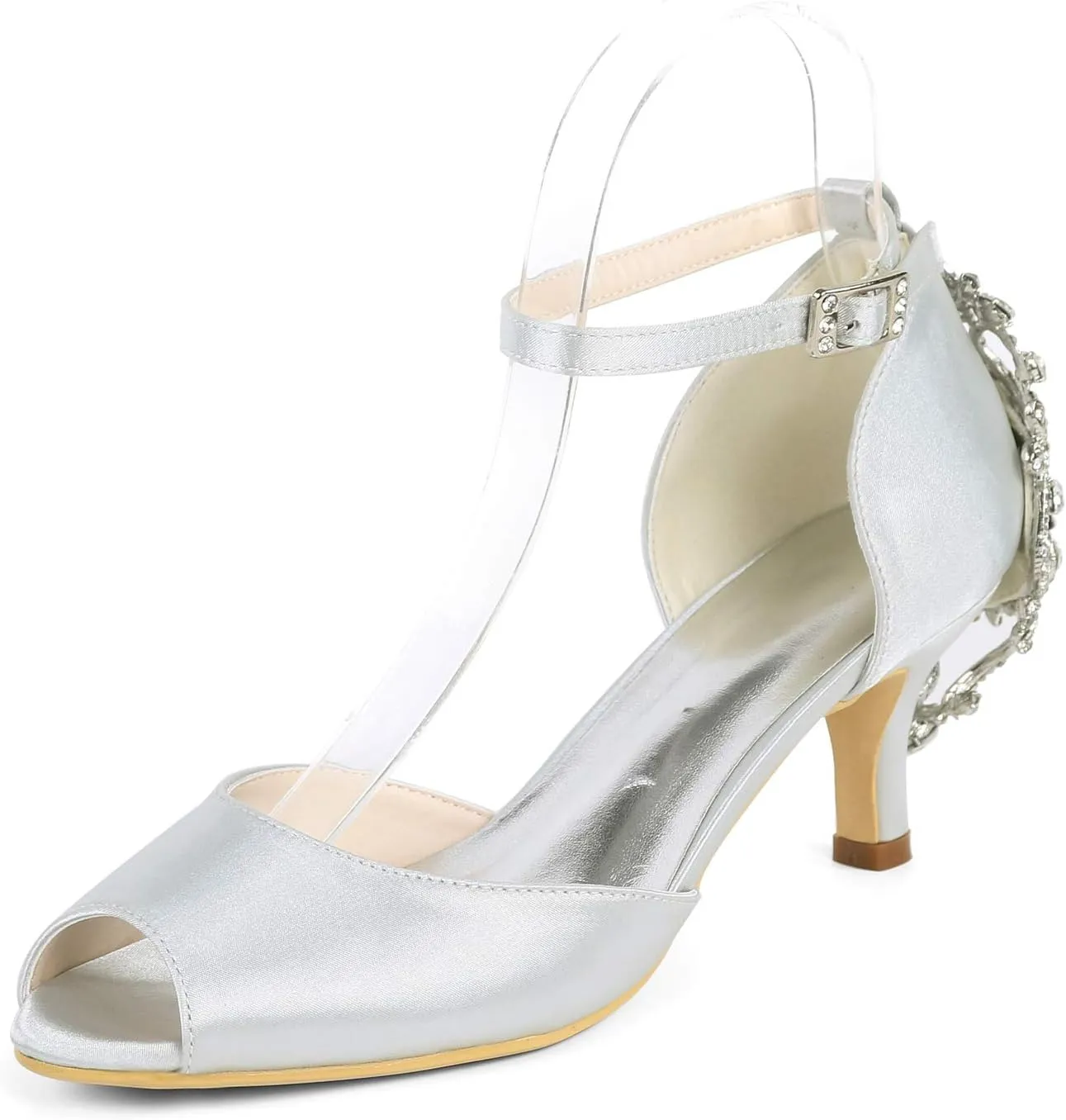Anna's Bridal Peep Toe Heels for Women Comfort Satin Rhinestone Ankle Strap Wedding Shoes for Bride Low Heel Pumps Sandals