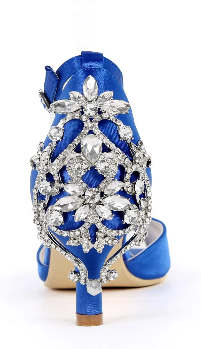 Anna's Bridal Peep Toe Heels for Women Comfort Satin Rhinestone Ankle Strap Wedding Shoes for Bride Low Heel Pumps Sandals