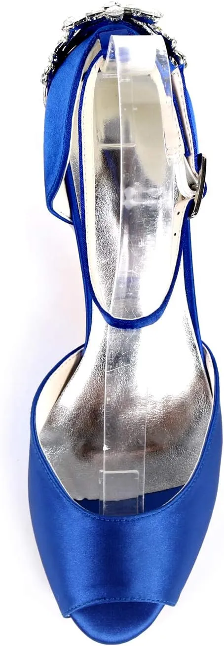 Anna's Bridal Peep Toe Heels for Women Comfort Satin Rhinestone Ankle Strap Wedding Shoes for Bride Low Heel Pumps Sandals