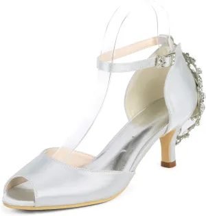 Anna's Bridal Peep Toe Heels for Women Comfort Satin Rhinestone Ankle Strap Wedding Shoes for Bride Low Heel Pumps Sandals