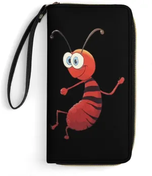 Ant Long Wallets PU Leather Bifold Wallet Portable Card Holder Purse with Hand Strap