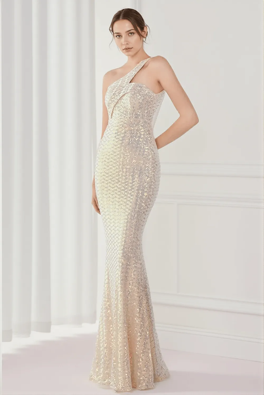 Anura Sequin One Shoulder Pleat Dress