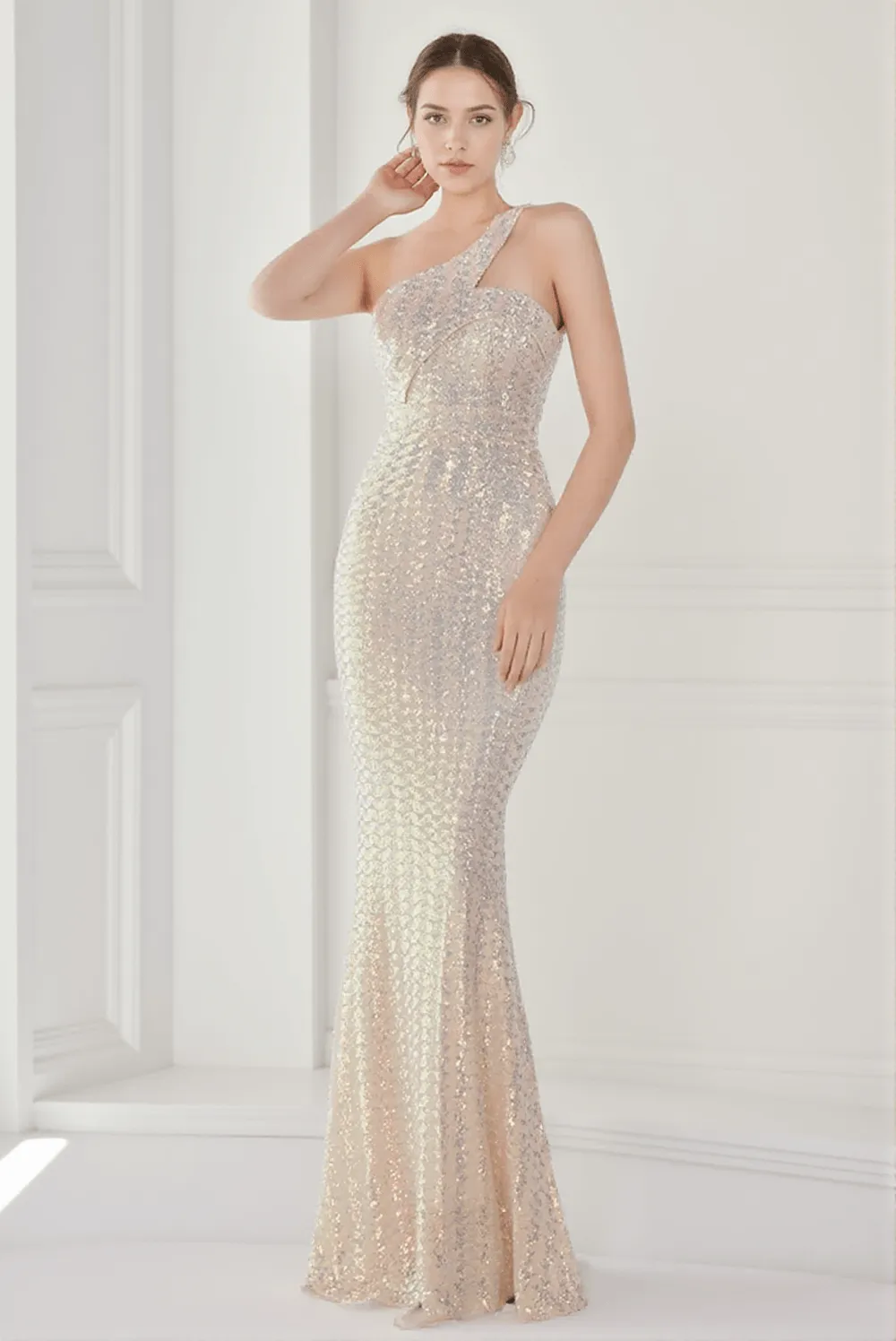 Anura Sequin One Shoulder Pleat Dress