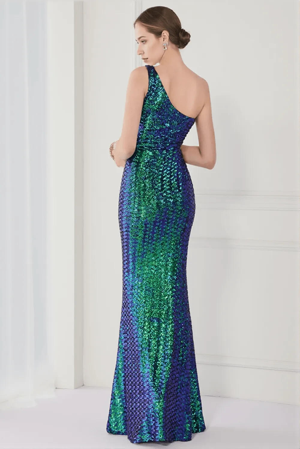Anura Sequin One Shoulder Pleat Dress