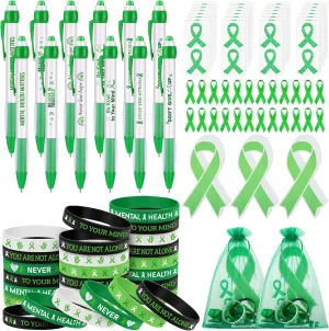 Aodaer 144 Pieces Mental Health Awareness Accessories Set of 24 Green Ribbon Charity Giveaways Favor Pack Include Silicone Bracelets Green Ribbon Pins Pens Button Badge Stickers Organza Bags