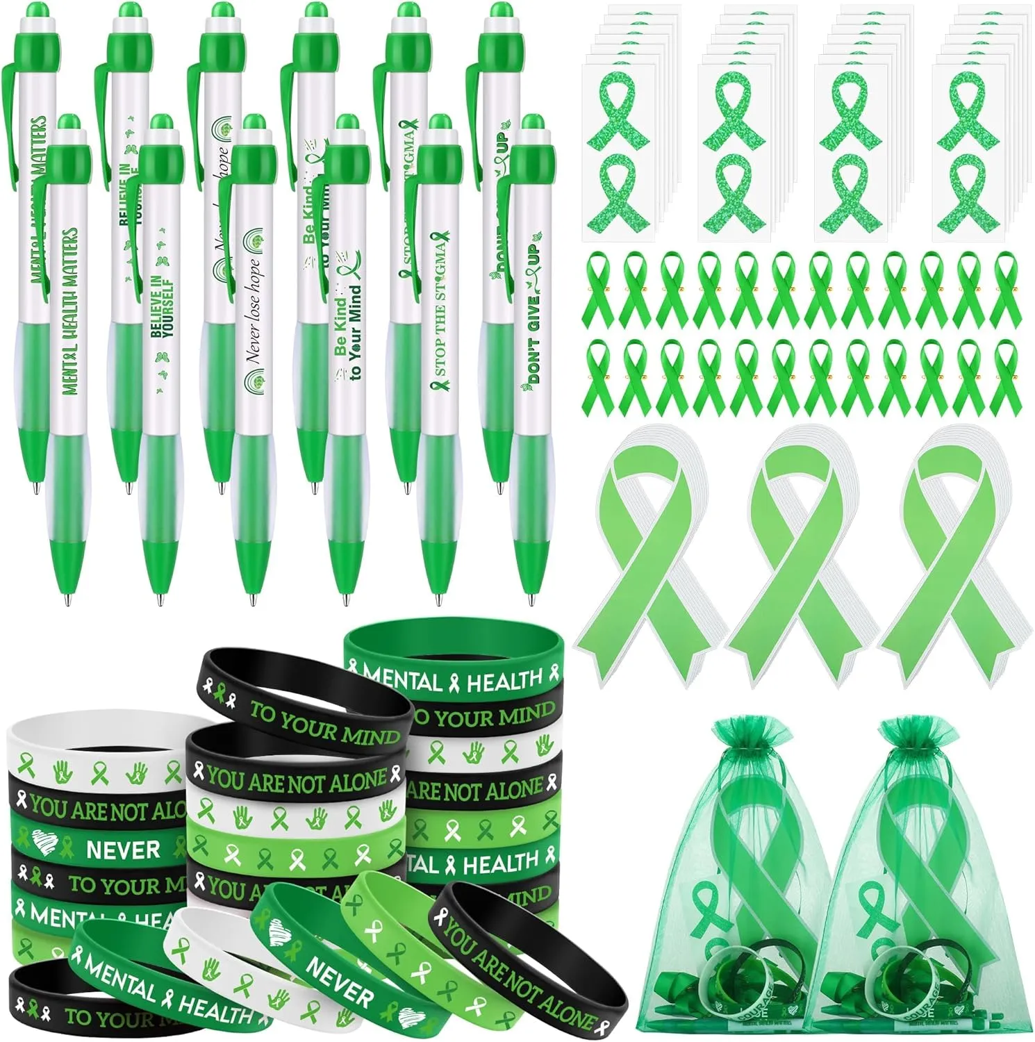 Aodaer 144 Pieces Mental Health Awareness Accessories Set of 24 Green Ribbon Charity Giveaways Favor Pack Include Silicone Bracelets Green Ribbon Pins Pens Button Badge Stickers Organza Bags