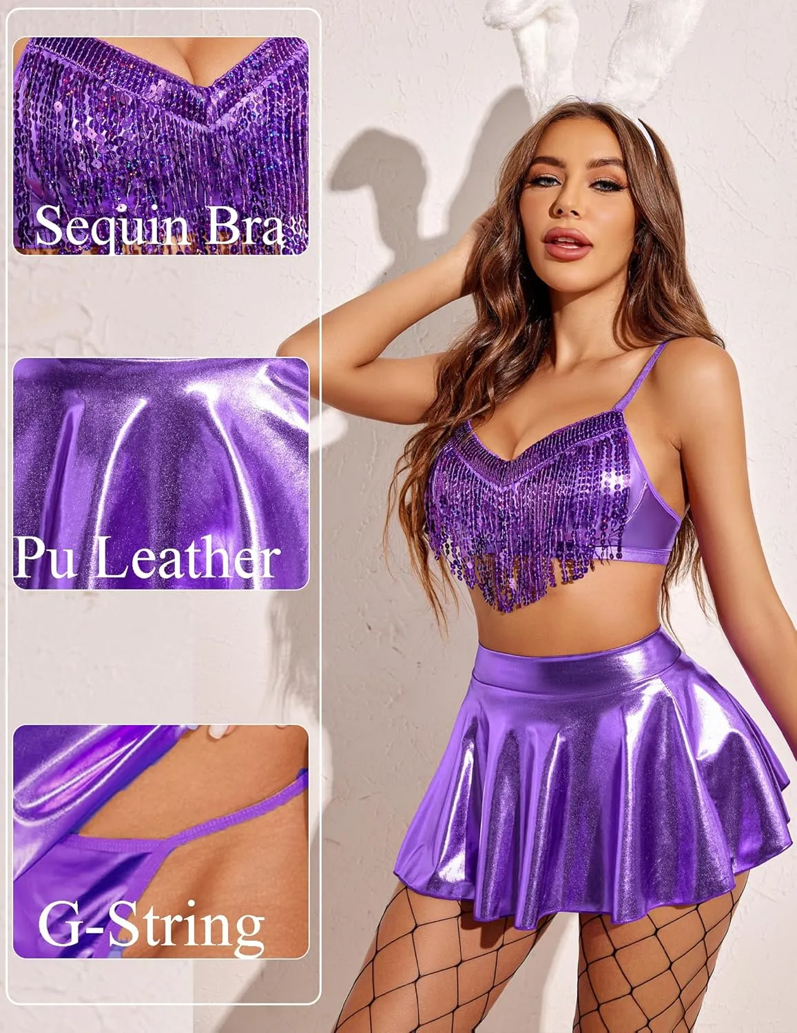 Avidlove Rave Outfits for Women Sequin Fringe Outfits Cosplay Lingerie 3pack Costume Set with Metallic Skirt