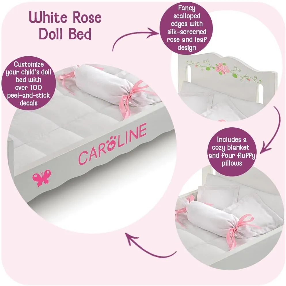 Badger Basket Wooden Doll Bed with Blanket and Pillow with Free Personalization Kit - Fits 18" to 20" Dolls - Ideal for Baby Dolls and Pretend Play Fun - White and Pink Rose Design