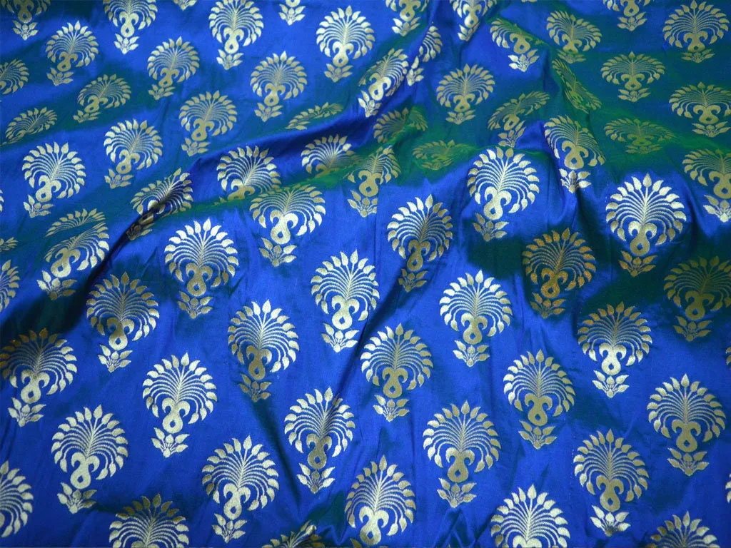 Banarasi Brocade in Blue Gold Bridal Wedding Dress Indian Brocade Fabric by the yard Banaras Fabric for Lehenga Sewing crafting home Decor