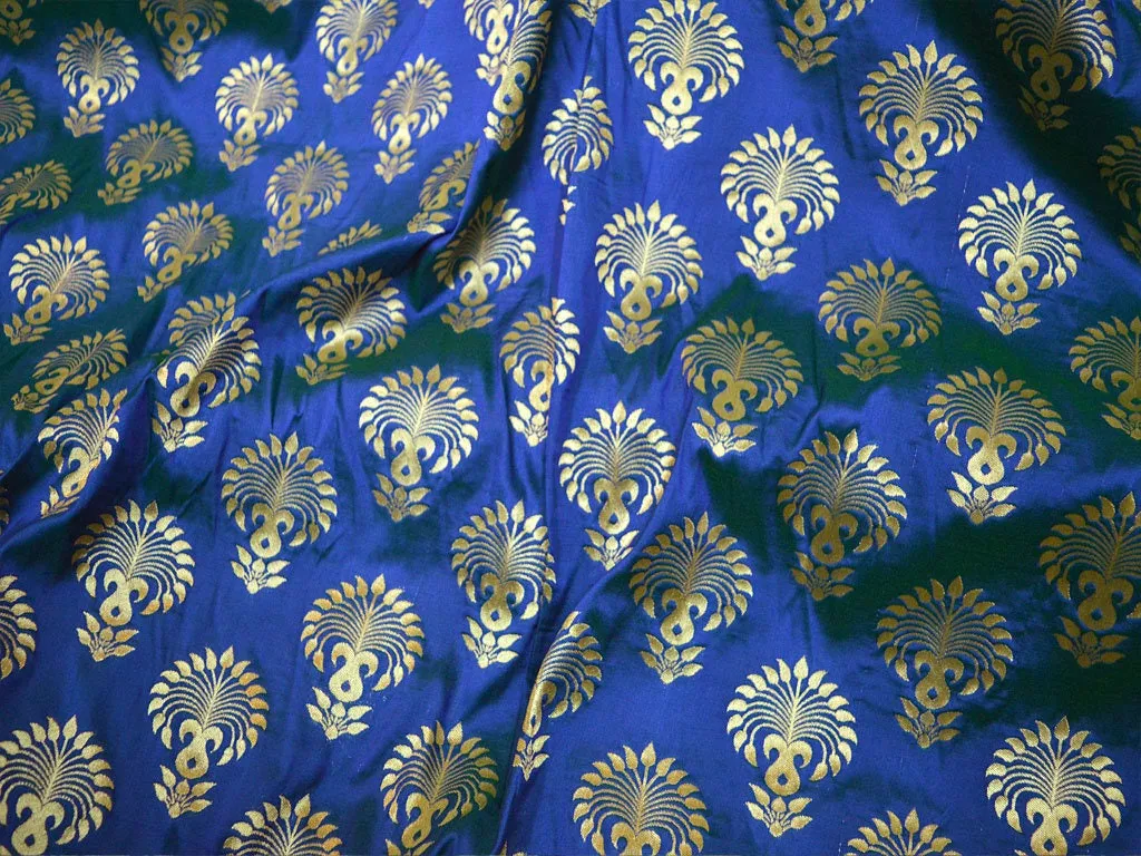Banarasi Brocade in Blue Gold Bridal Wedding Dress Indian Brocade Fabric by the yard Banaras Fabric for Lehenga Sewing crafting home Decor