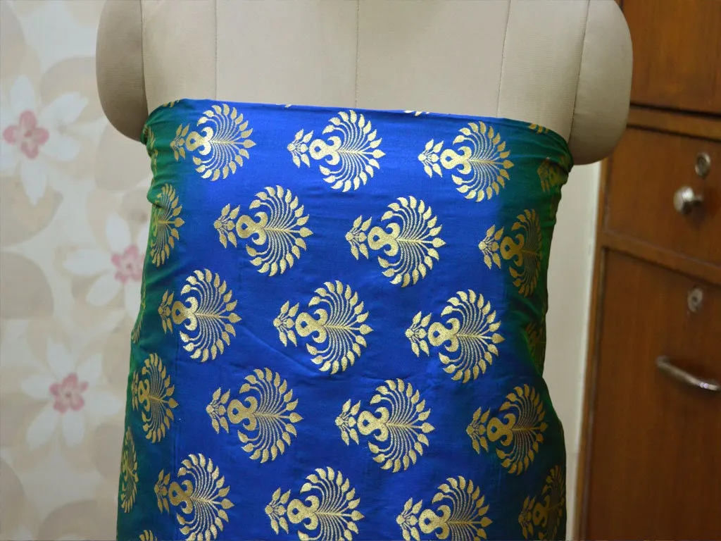 Banarasi Brocade in Blue Gold Bridal Wedding Dress Indian Brocade Fabric by the yard Banaras Fabric for Lehenga Sewing crafting home Decor