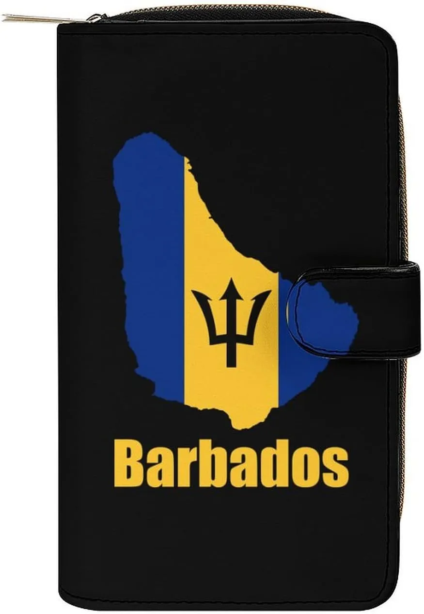 Barbados Flag Map Leather Wallets for Men Women Zipped Clutch Purse Travel Handbag Card Case Wallet