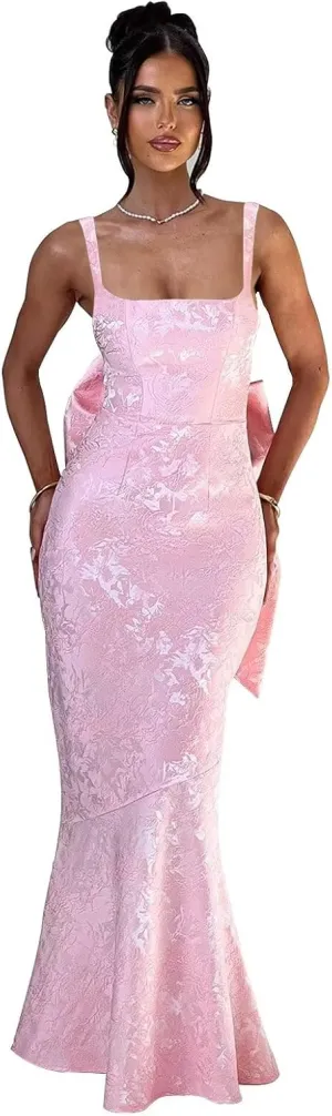 Basgute Floral Jacquard Satin Prom Dresses for Women with Bow Mermaid Long Formal Evening Party Gown
