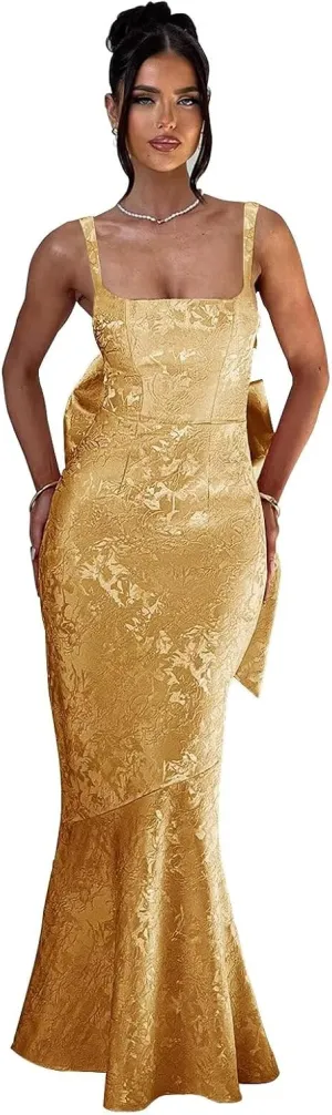 Basgute Floral Jacquard Satin Prom Dresses for Women with Bow Mermaid Long Formal Evening Party Gown