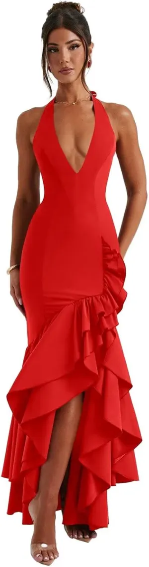 Basgute Satin Halter Prom Dresses for Women Ruffles Mermaid Long Deep V-Neck Formal Evening Party Gown with Slit