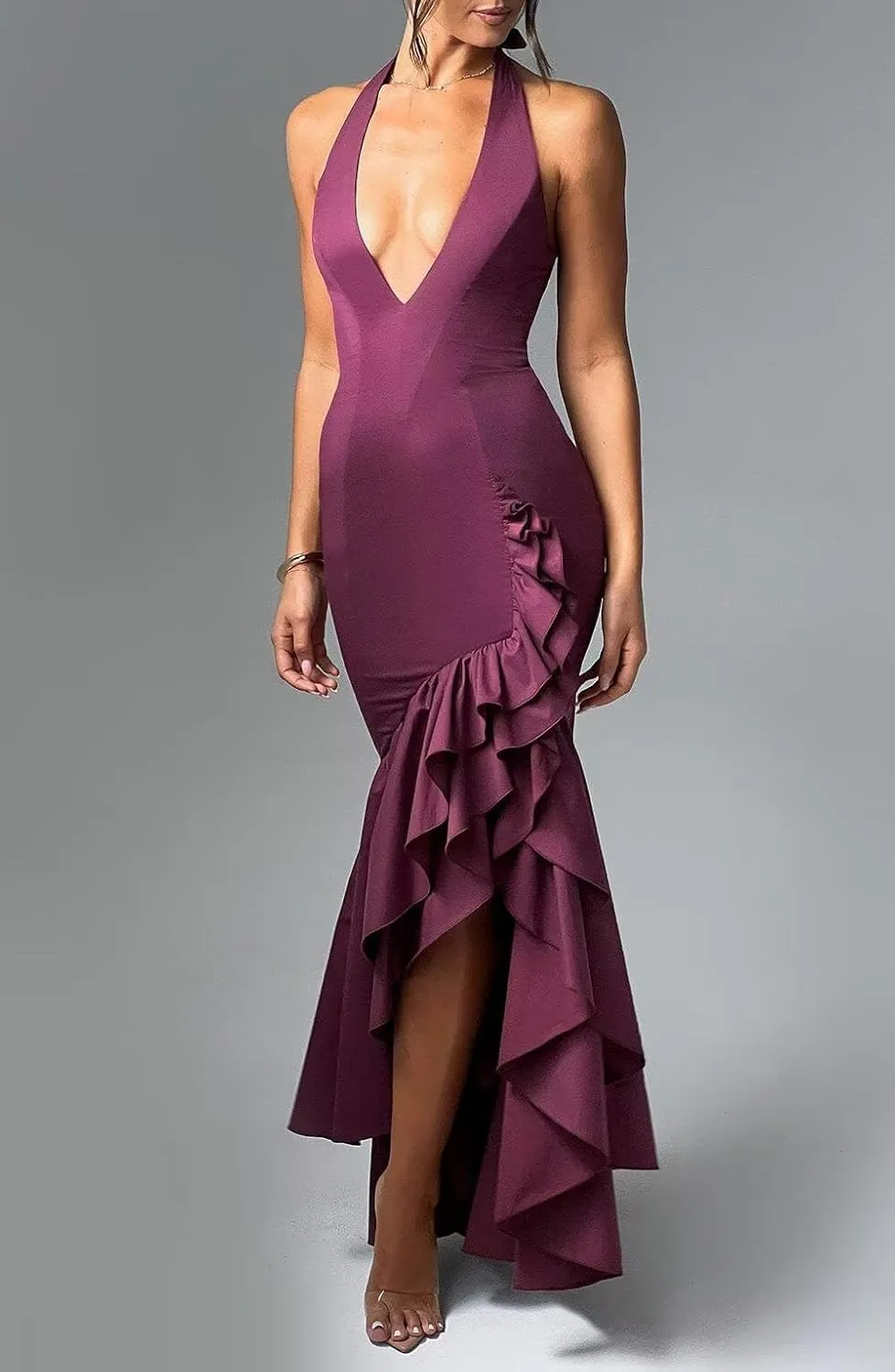 Basgute Satin Halter Prom Dresses for Women Ruffles Mermaid Long Deep V-Neck Formal Evening Party Gown with Slit