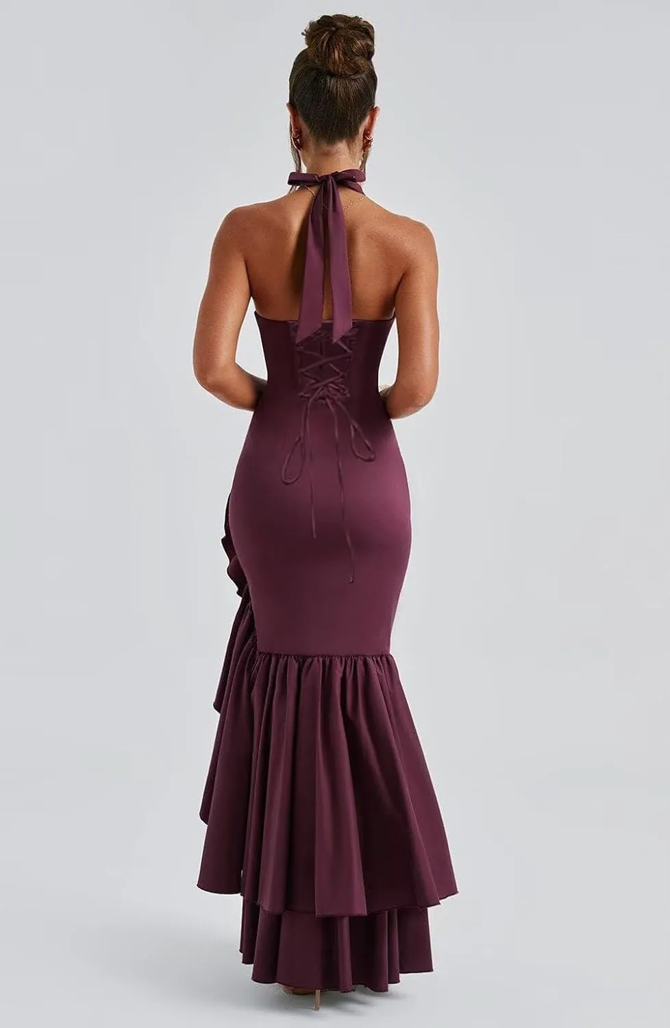 Basgute Satin Halter Prom Dresses for Women Ruffles Mermaid Long Deep V-Neck Formal Evening Party Gown with Slit