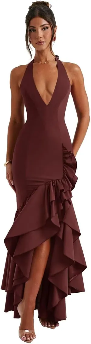Basgute Satin Halter Prom Dresses for Women Ruffles Mermaid Long Deep V-Neck Formal Evening Party Gown with Slit