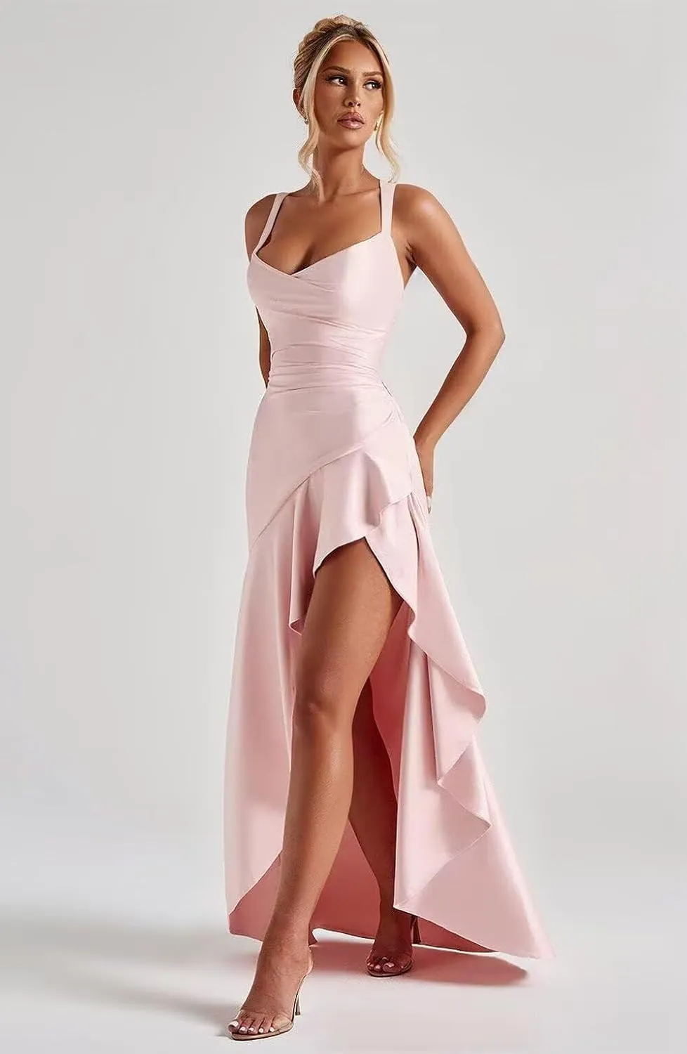 Basgute Satin Ruffles Prom Dresses for Teens Slit Long Corset Mermaid High-Low Formal Evening Gown for Women