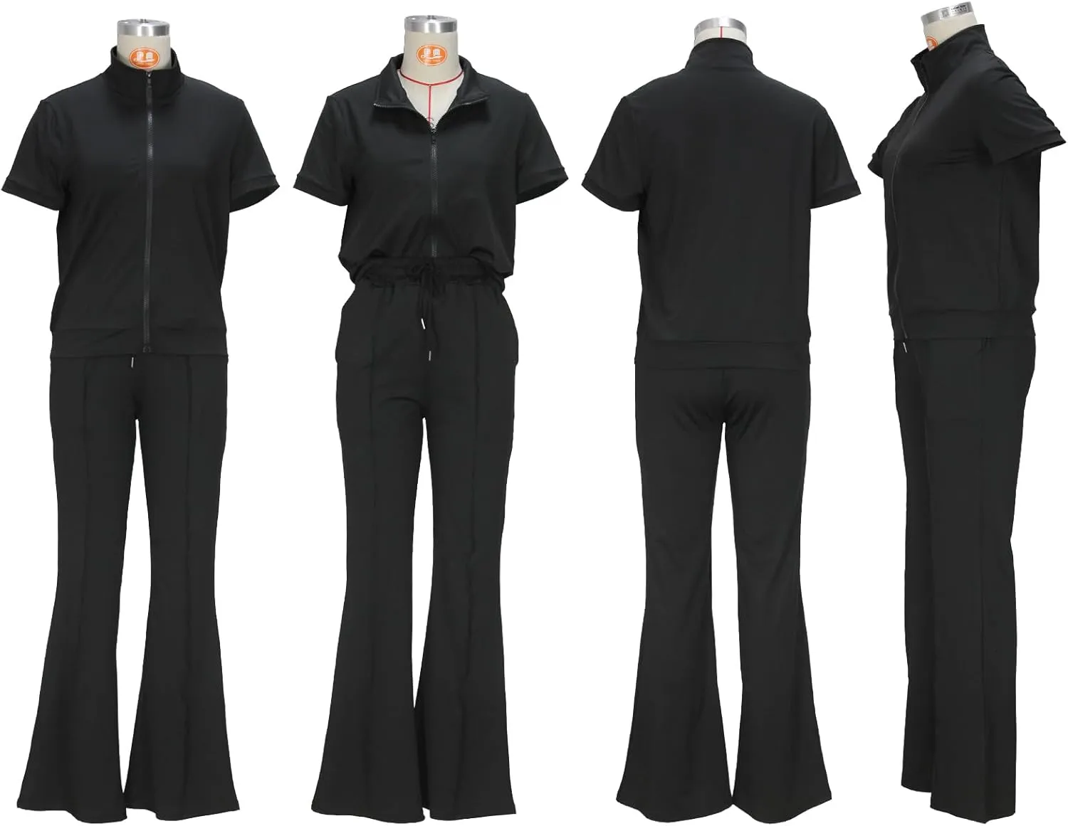 Batehif Women's Lounge Outfits Two Piece Sets 80s 90s Short Sleeve Zipper Top Flare Legging Pants