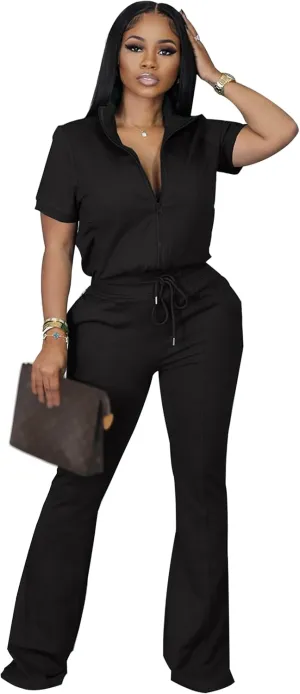 Batehif Women's Lounge Outfits Two Piece Sets 80s 90s Short Sleeve Zipper Top Flare Legging Pants