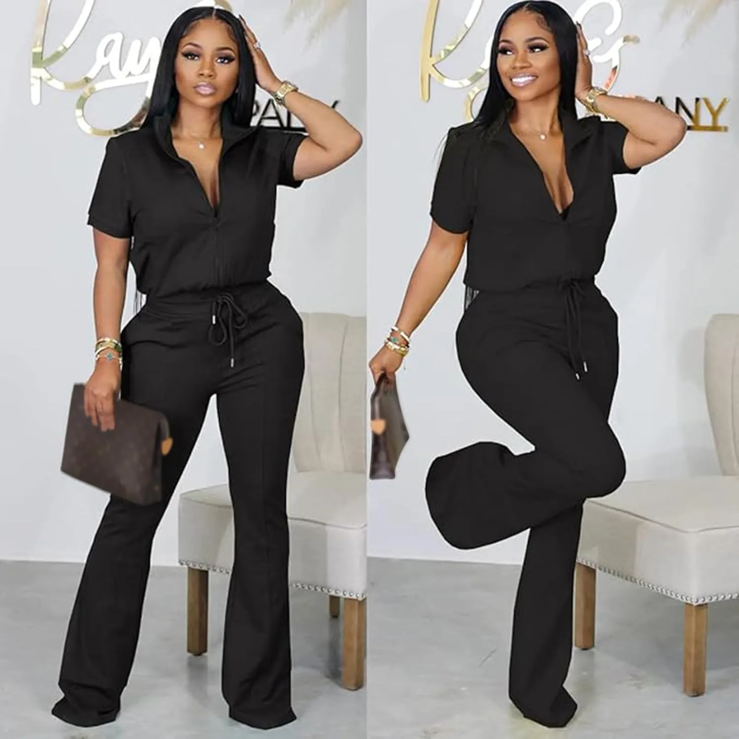 Batehif Women's Lounge Outfits Two Piece Sets 80s 90s Short Sleeve Zipper Top Flare Legging Pants