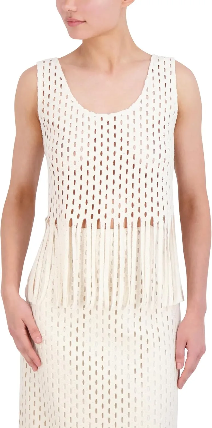 BCBGMAXAZRIA Women's Sleeveless Scoop Neck Crochet Fringe Pullover Top