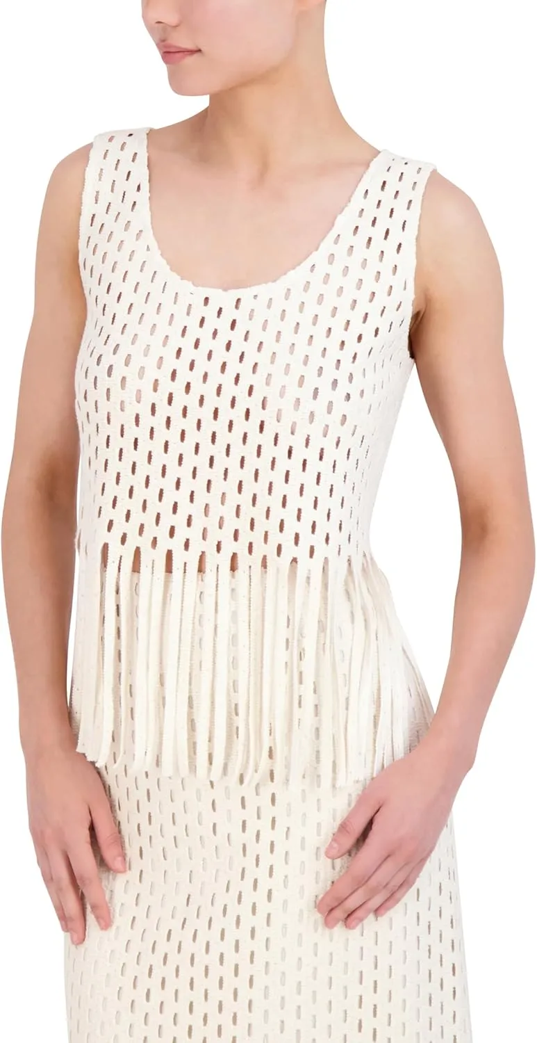 BCBGMAXAZRIA Women's Sleeveless Scoop Neck Crochet Fringe Pullover Top
