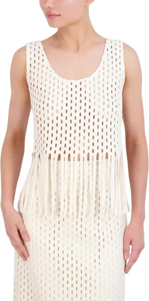 BCBGMAXAZRIA Women's Sleeveless Scoop Neck Crochet Fringe Pullover Top