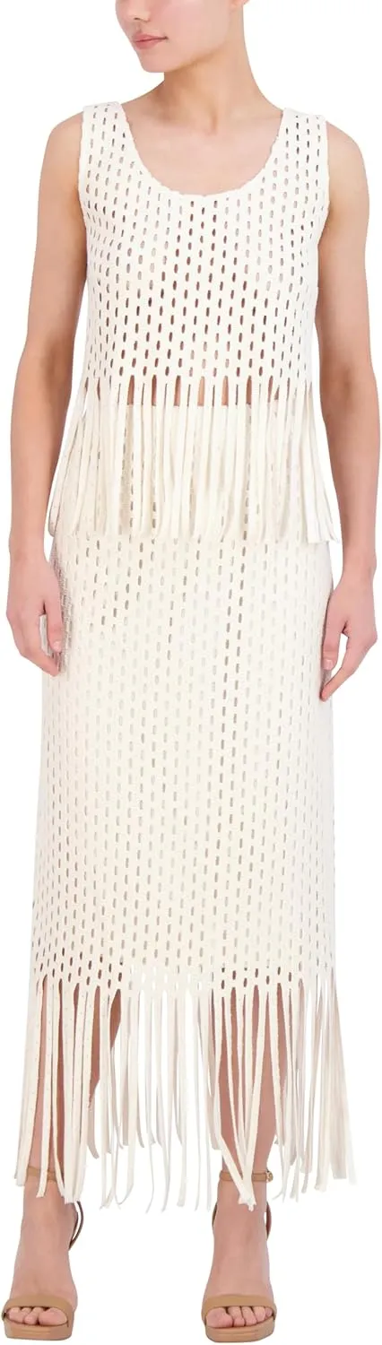 BCBGMAXAZRIA Women's Sleeveless Scoop Neck Crochet Fringe Pullover Top