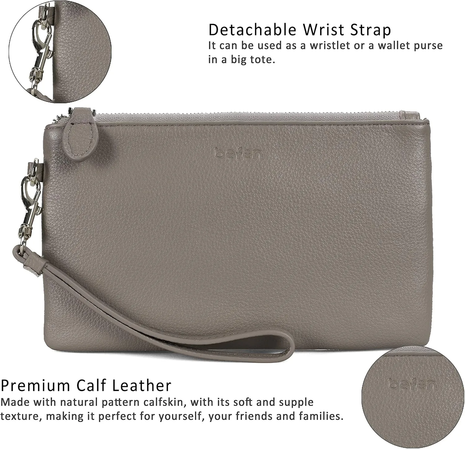 befen Women's Genuine Italian Leather Wristlet Clutch Wallet Purse, Gold Zipper