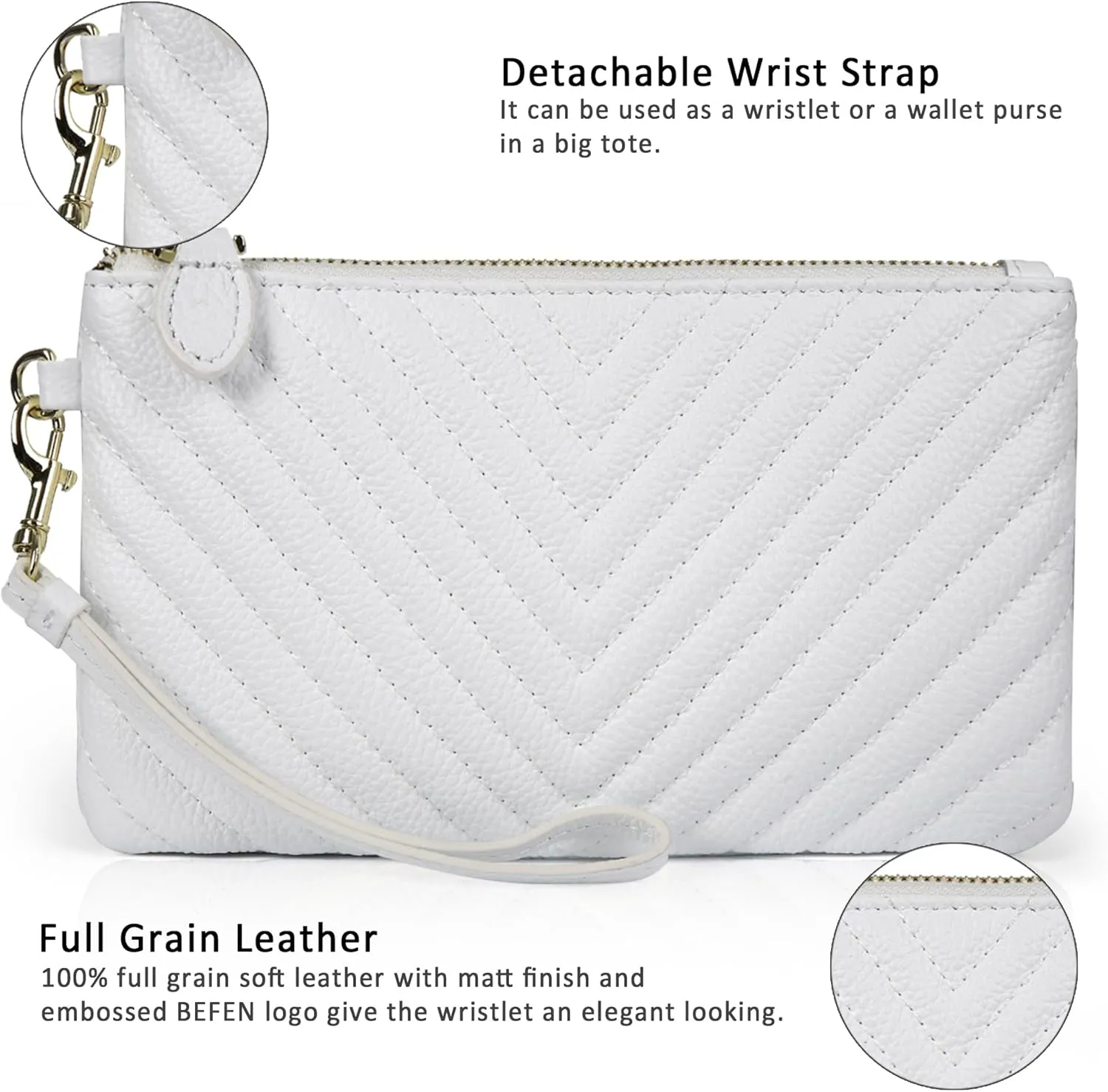befen Women's Genuine Italian Leather Wristlet Clutch Wallet Purse, Gold Zipper