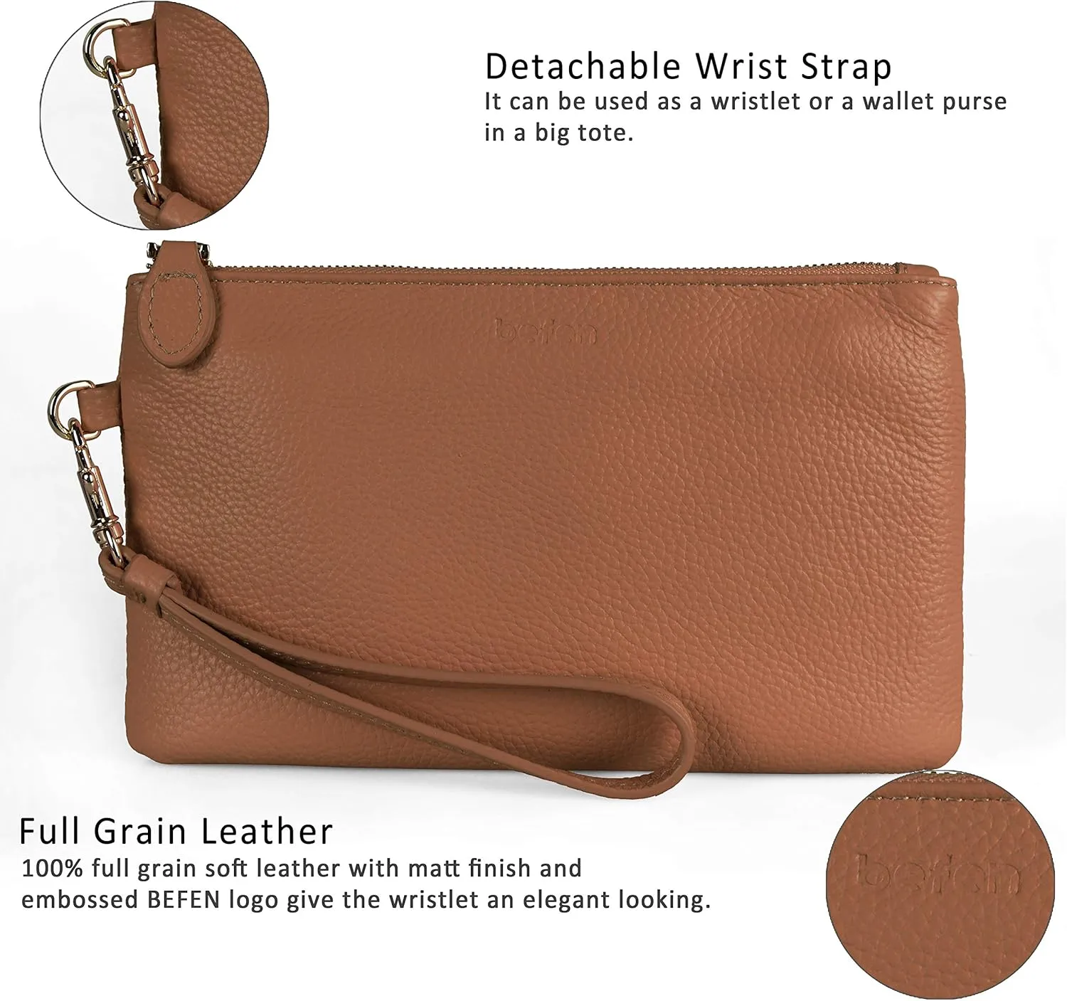 befen Women's Genuine Italian Leather Wristlet Clutch Wallet Purse, Gold Zipper