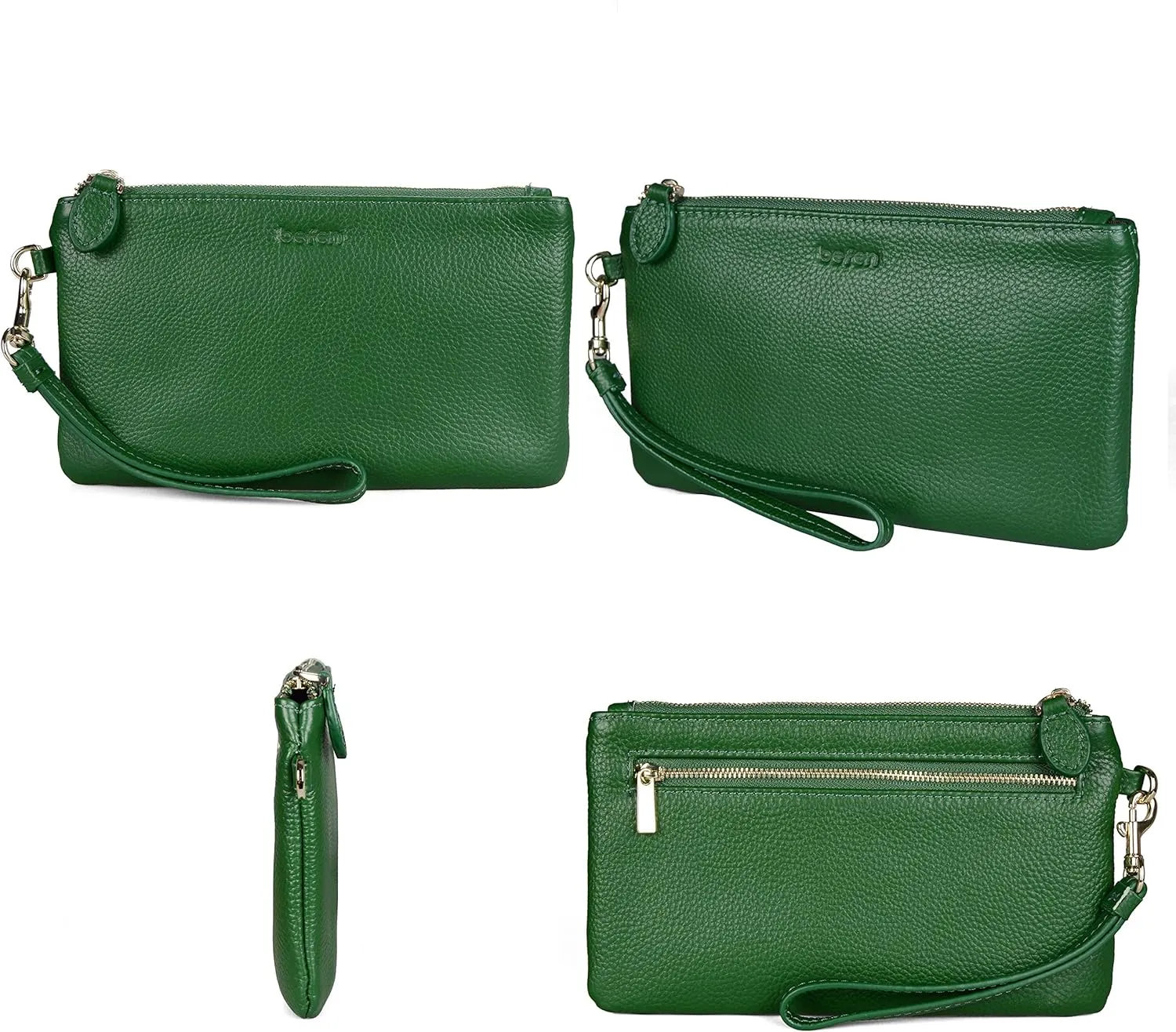 befen Women's Genuine Italian Leather Wristlet Clutch Wallet Purse, Gold Zipper