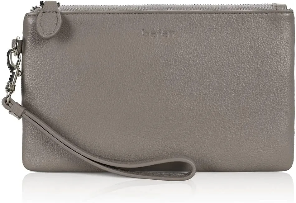 befen Women's Genuine Italian Leather Wristlet Clutch Wallet Purse, Gold Zipper
