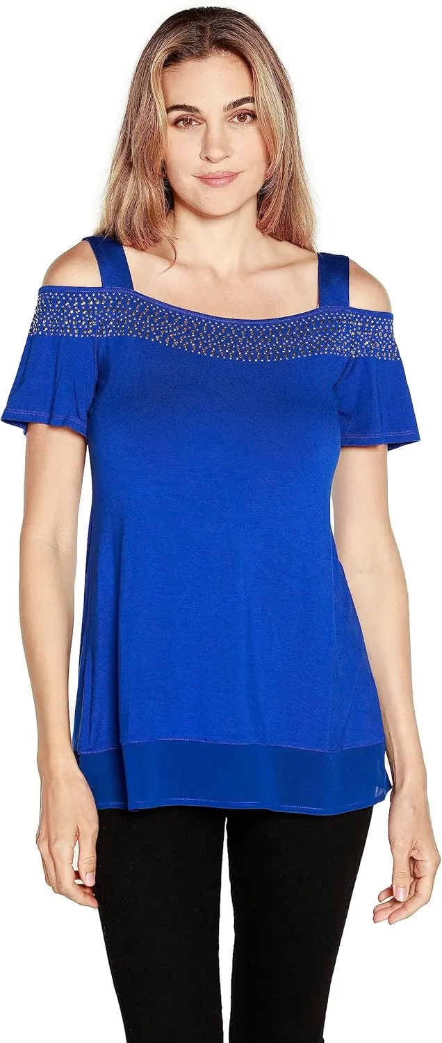 Belldini Womens Fashion Casual Tunic Tops Cold Shoulder Blouse Dressy Casual