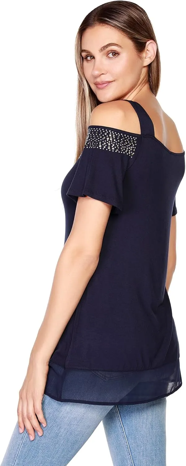 Belldini Womens Fashion Casual Tunic Tops Cold Shoulder Blouse Dressy Casual