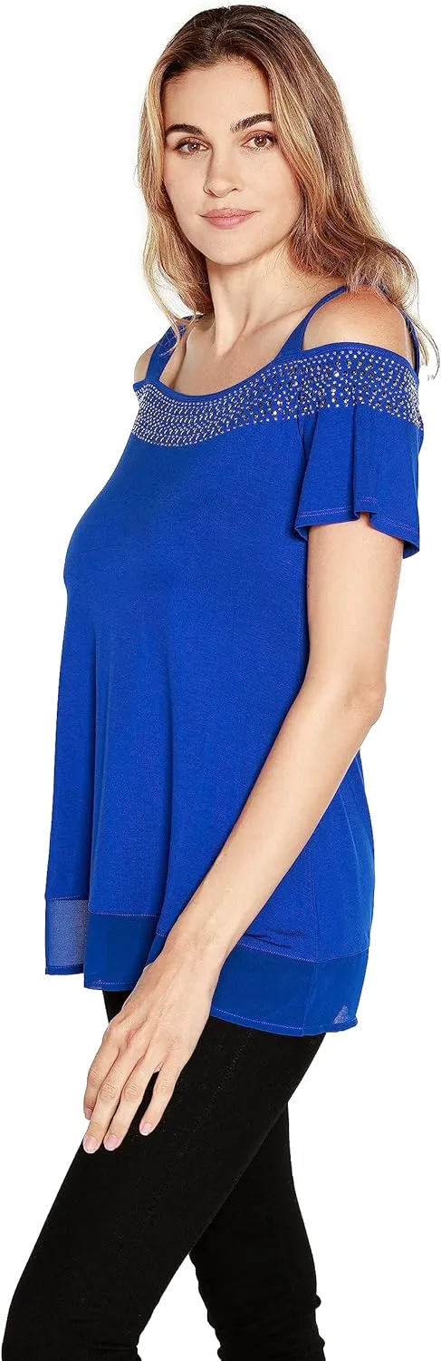 Belldini Womens Fashion Casual Tunic Tops Cold Shoulder Blouse Dressy Casual