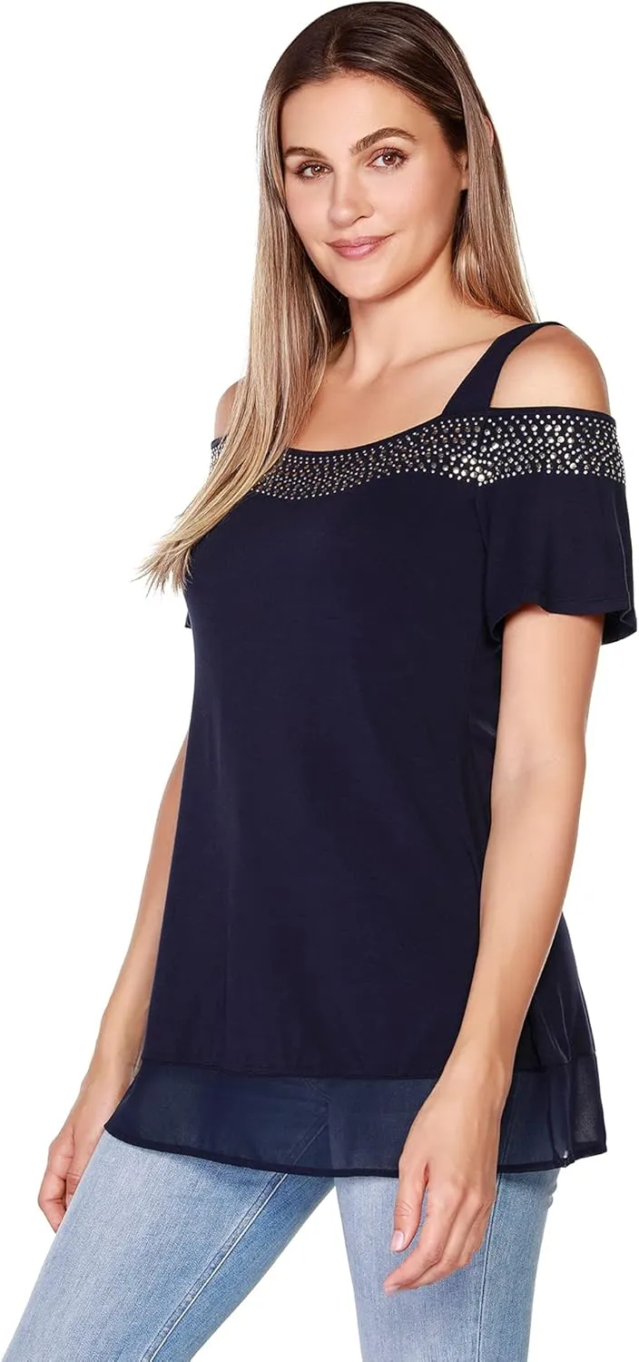 Belldini Womens Fashion Casual Tunic Tops Cold Shoulder Blouse Dressy Casual