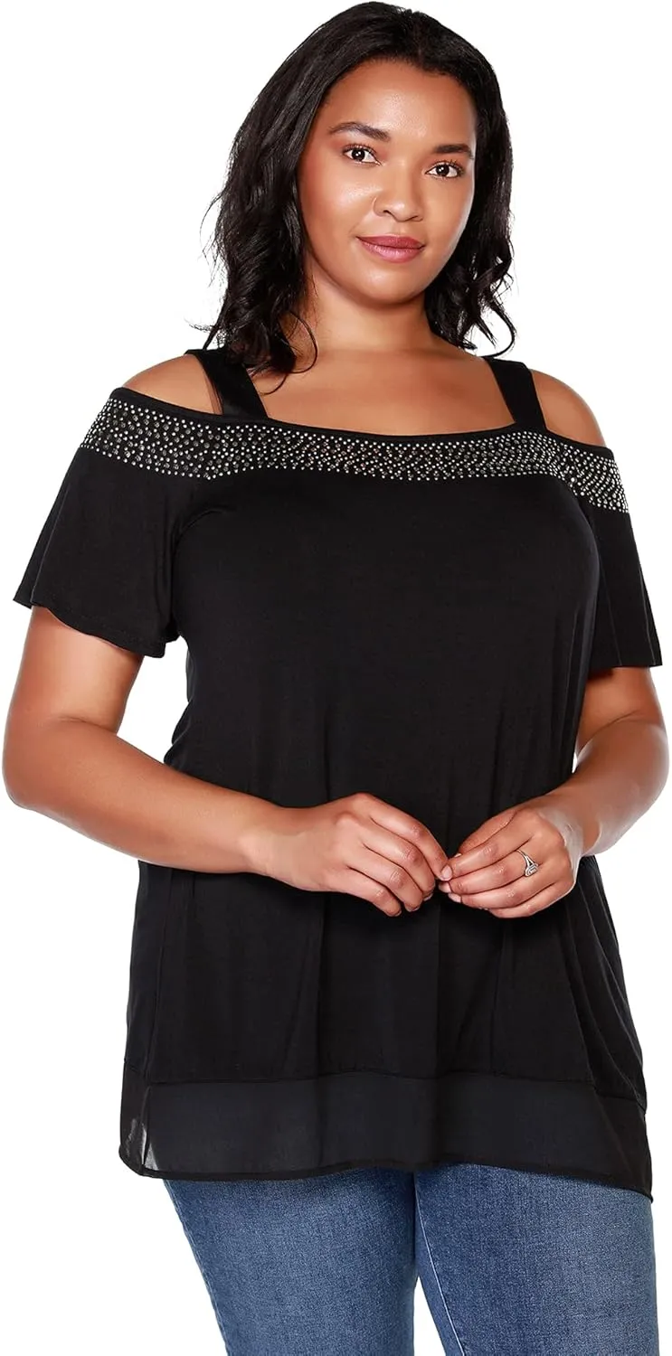 Belldini Womens Fashion Casual Tunic Tops Cold Shoulder Blouse Dressy Casual