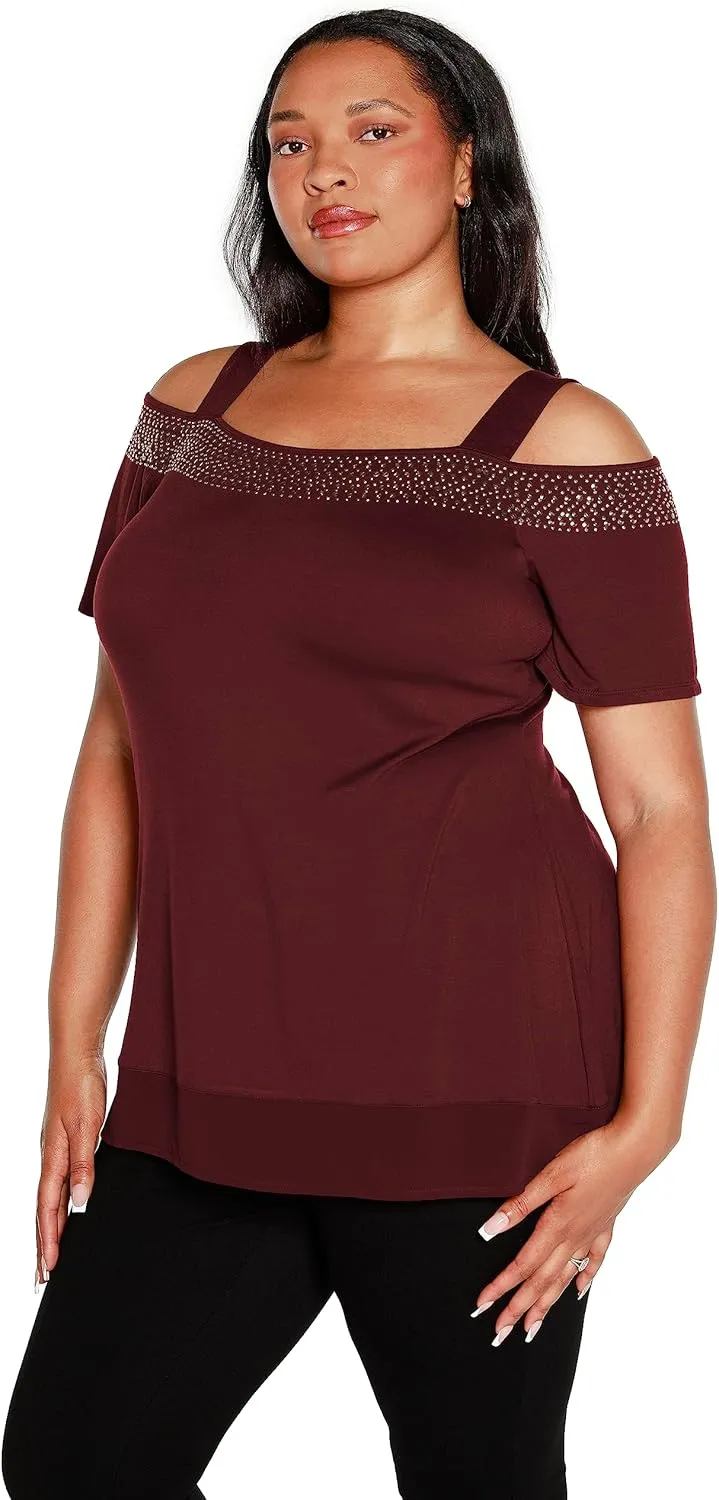 Belldini Womens Fashion Casual Tunic Tops Cold Shoulder Blouse Dressy Casual
