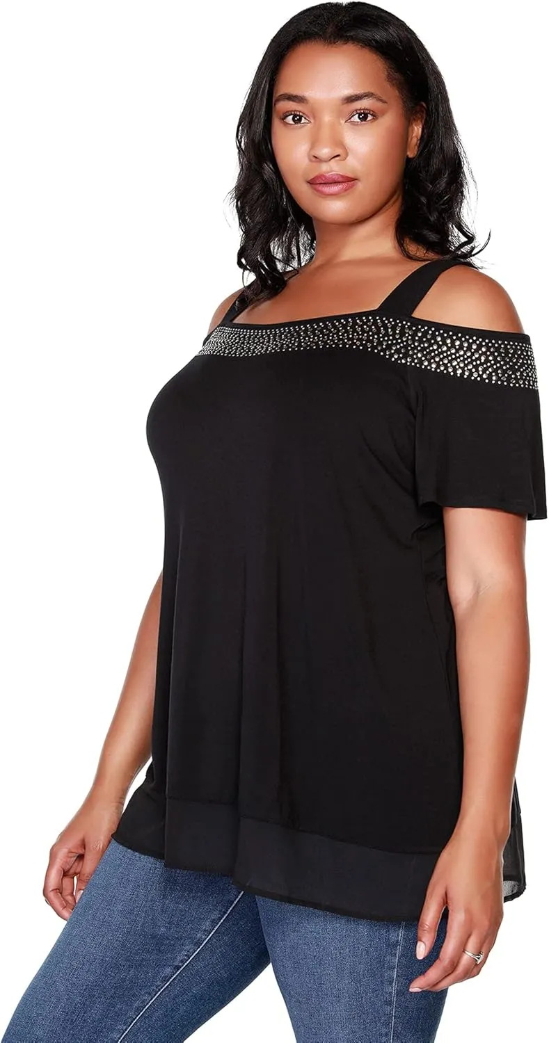 Belldini Womens Fashion Casual Tunic Tops Cold Shoulder Blouse Dressy Casual