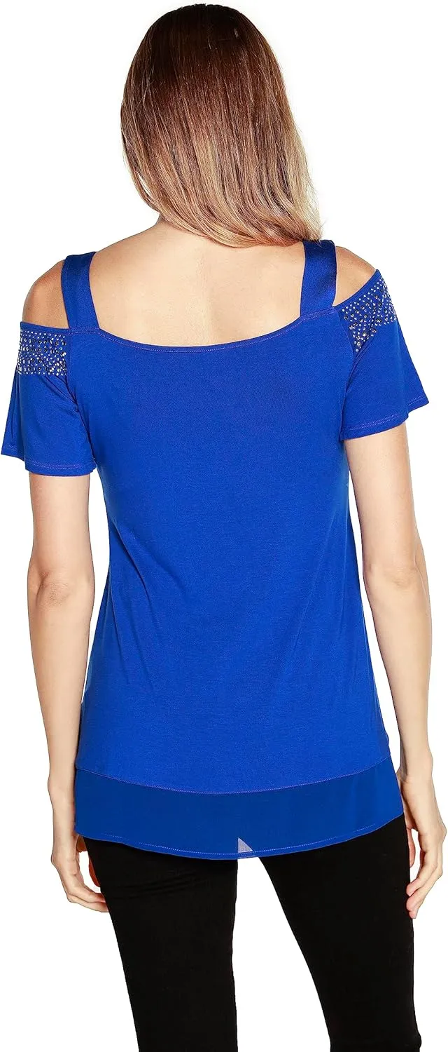 Belldini Womens Fashion Casual Tunic Tops Cold Shoulder Blouse Dressy Casual