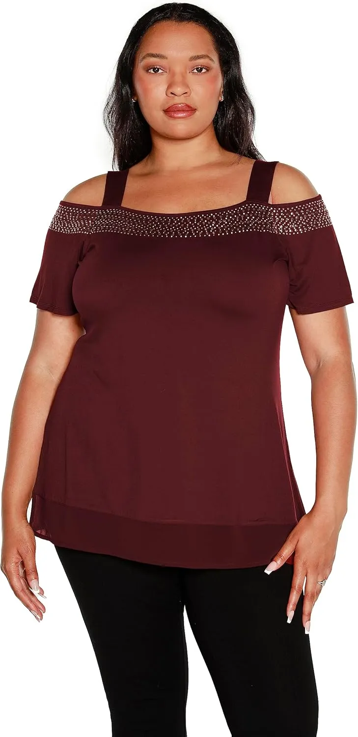 Belldini Womens Fashion Casual Tunic Tops Cold Shoulder Blouse Dressy Casual