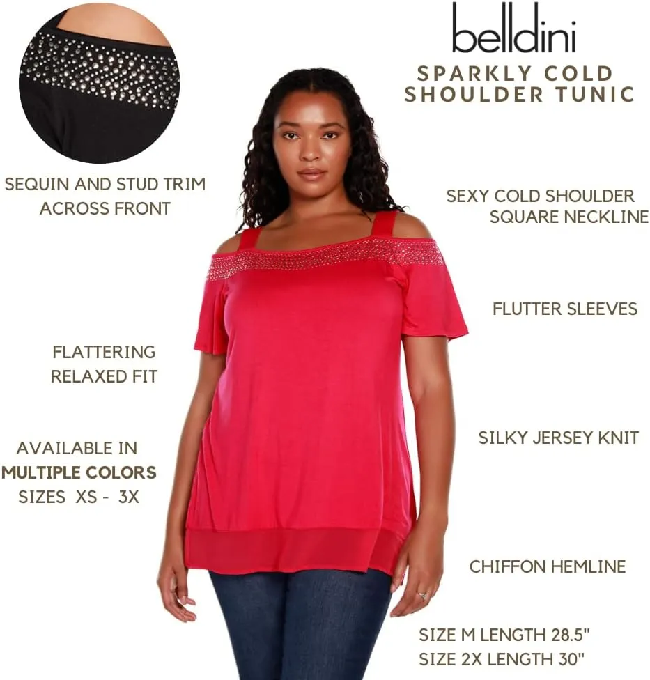 Belldini Womens Fashion Casual Tunic Tops Cold Shoulder Blouse Dressy Casual