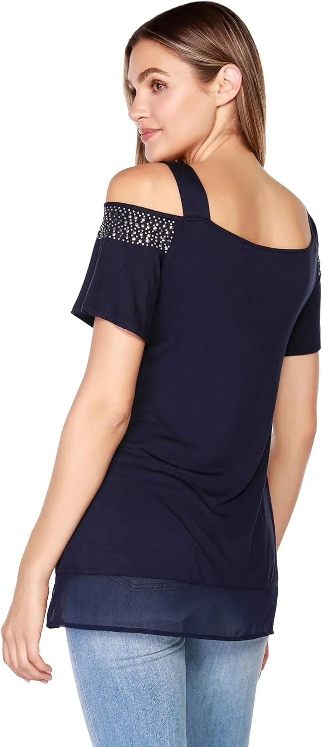 Belldini Womens Fashion Casual Tunic Tops Cold Shoulder Blouse Dressy Casual