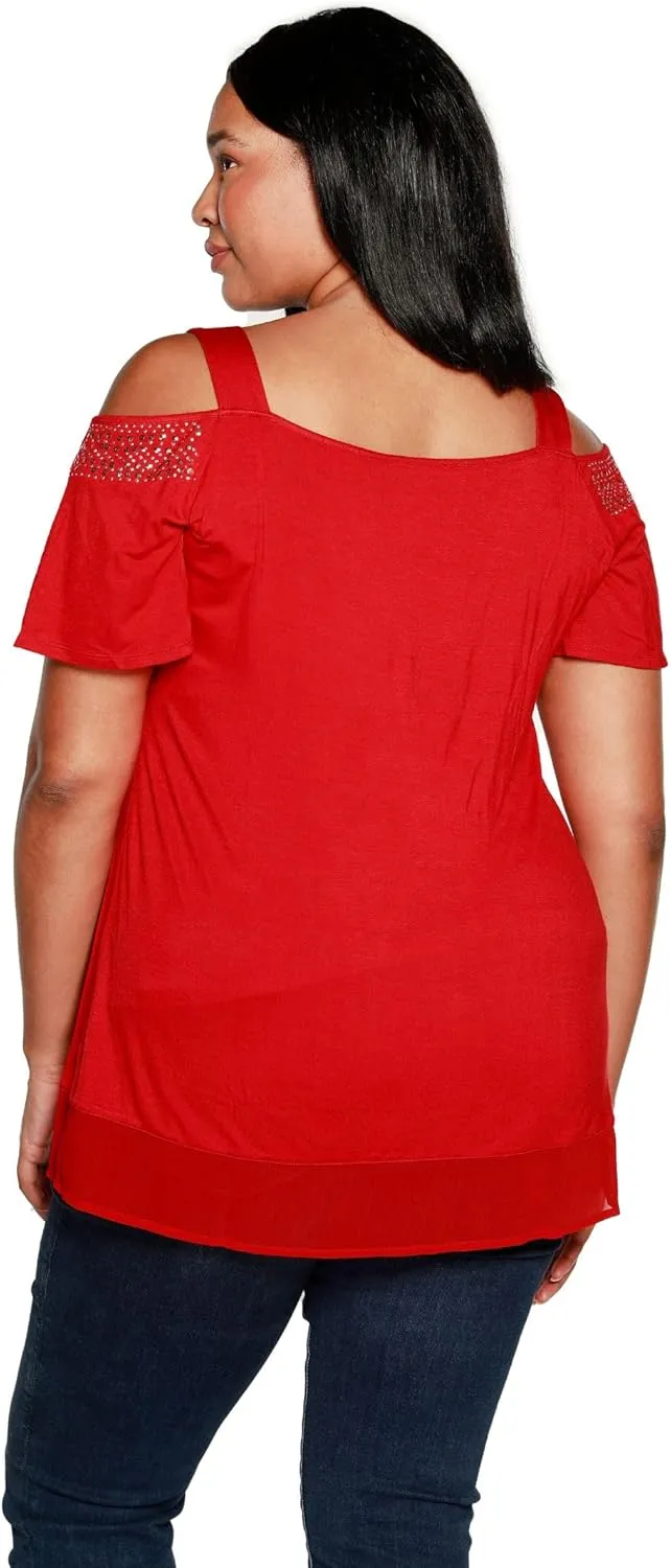Belldini Womens Fashion Casual Tunic Tops Cold Shoulder Blouse Dressy Casual