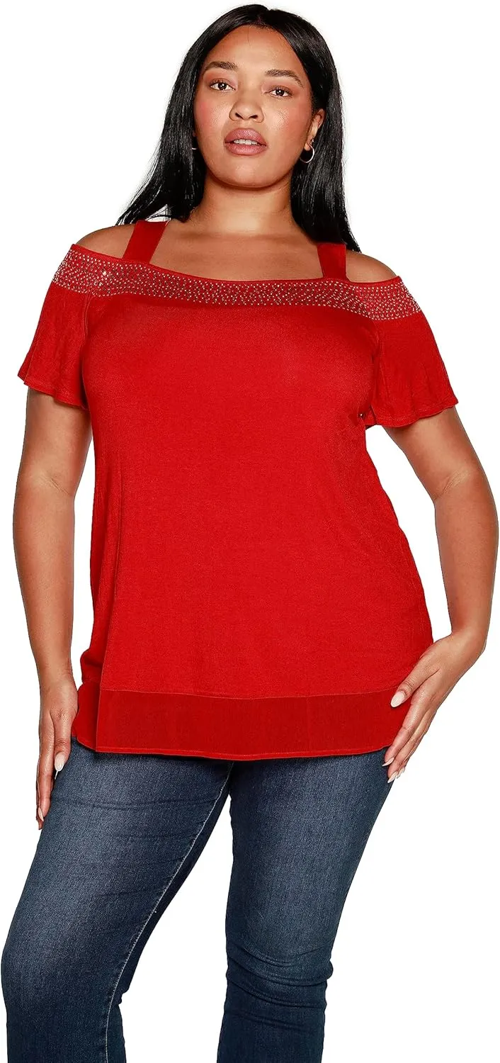 Belldini Womens Fashion Casual Tunic Tops Cold Shoulder Blouse Dressy Casual