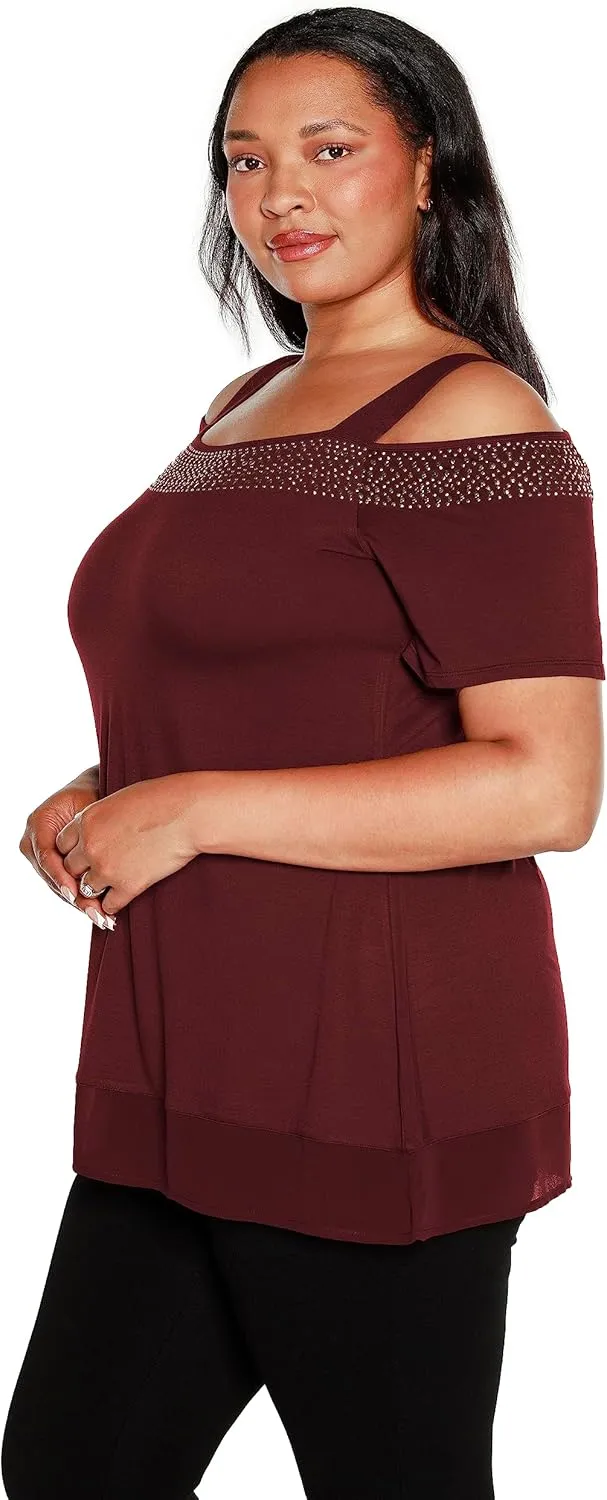 Belldini Womens Fashion Casual Tunic Tops Cold Shoulder Blouse Dressy Casual