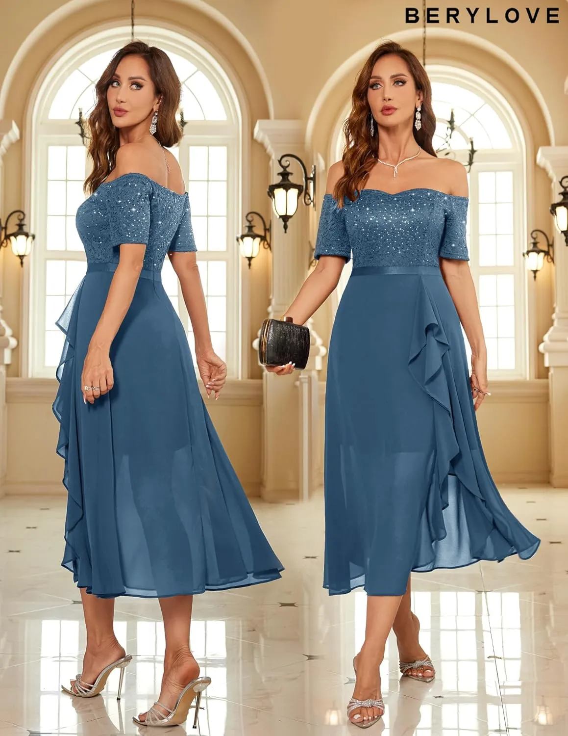 BeryLove Women Sequin Formal Party Dress Off Shoulder Wedding Cocktail Midi Evening Dress